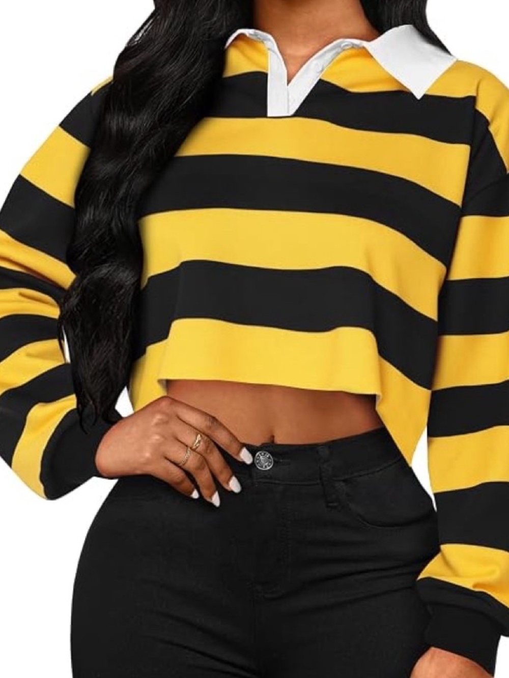 Striped Cropped Rugby Polo Top - Yellow & Black